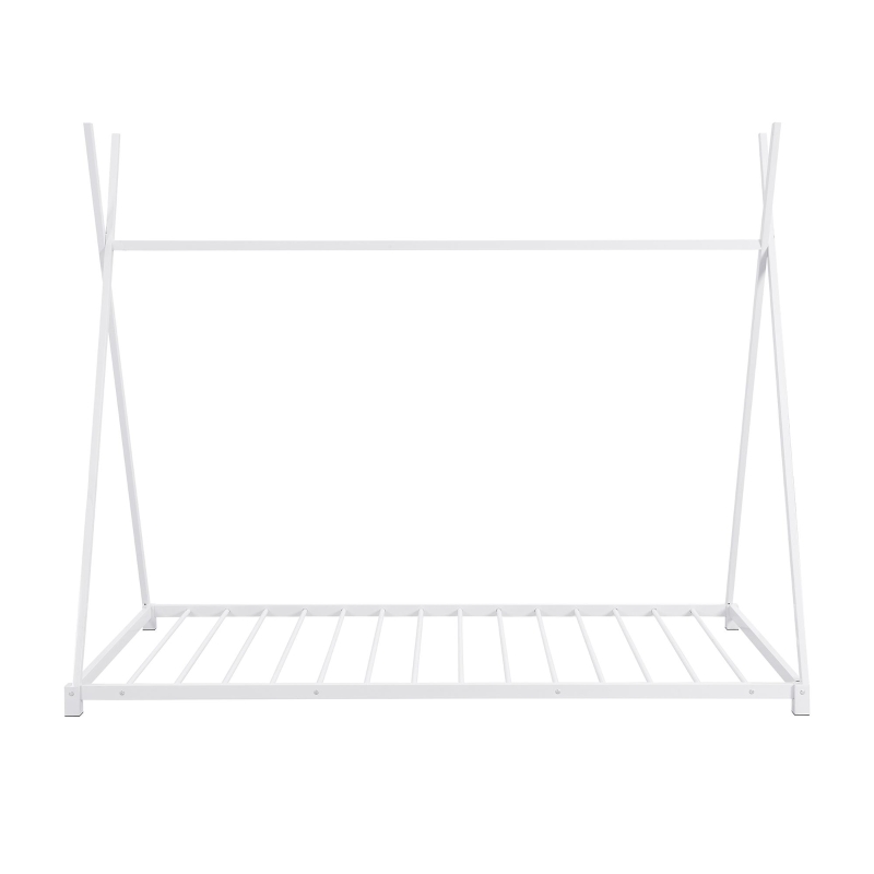 Metal Twin Size House Platform Bed with Triangle Structure, Sturdy Frame, and Safety Railings, 78" L x 41" W x 63" H, White