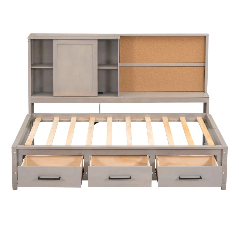 Twin Size Lounge Daybed with Storage Shelves, Cork Board, USB Ports, and 3 Drawers, 78.5" L x 50" W x 51" H, Antique Gray