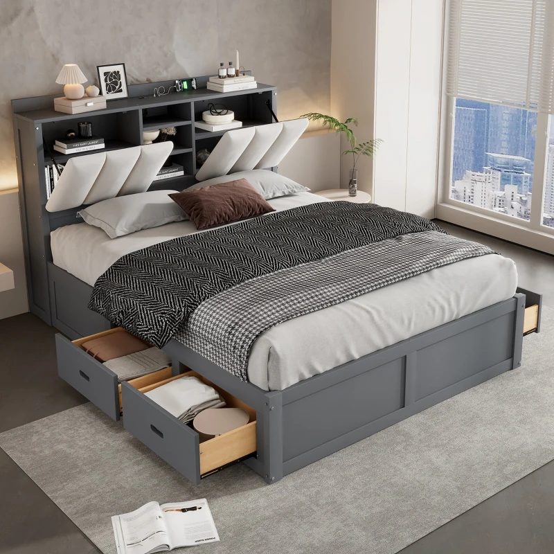 Vinsetto Wood Full Size Platform Bed with Storage Headboard, 4 Drawers, USB Charging Interface, 87" L x 56.5" W x 39.5" H, Gray