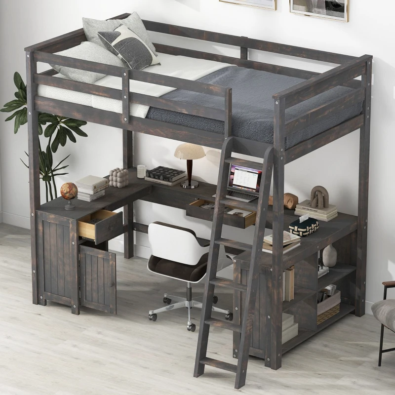 Full Size Loft Bed with U-shaped Desk, Drawers, Storage Shelves, and Sturdy Wood Frame, 77.5" L x 70" W x 75.5" H, Antique Brown