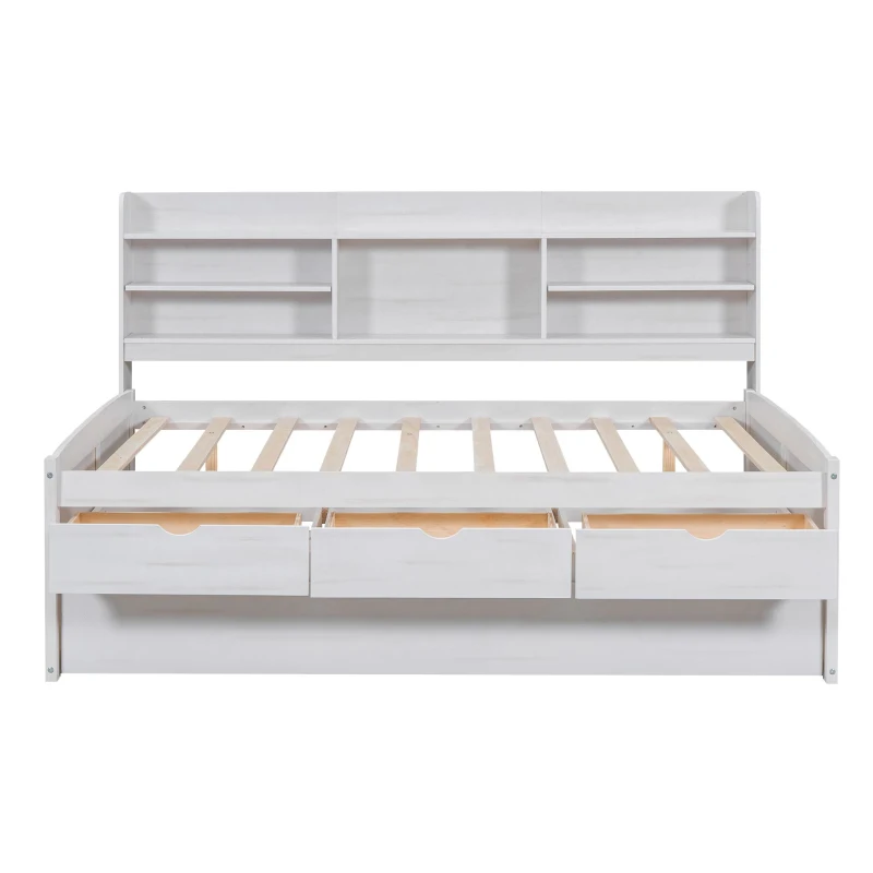 Classic Style Full Size Wooden Captain Bed with Built-in Bookshelves, 3 Storage Drawers, and Trundle, 79" L x 104.5" W x 47" H, White