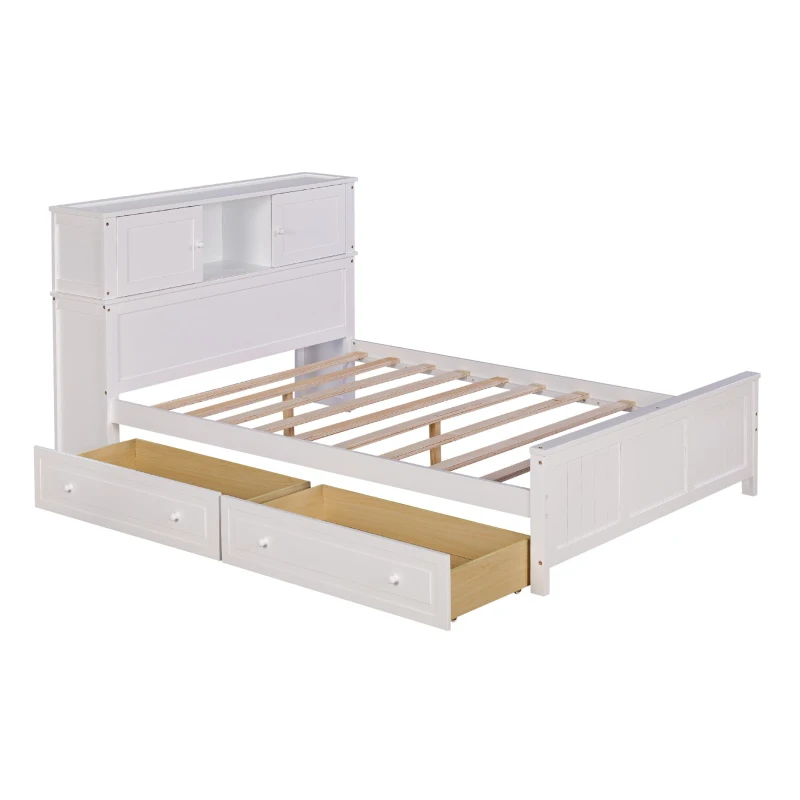 Vinsetto Full Size Platform Bed with Storage Headboard, Sliding Door, and 2 Drawers, Solid Wood and MDF, 89" L x 58" W x 42" H, White
