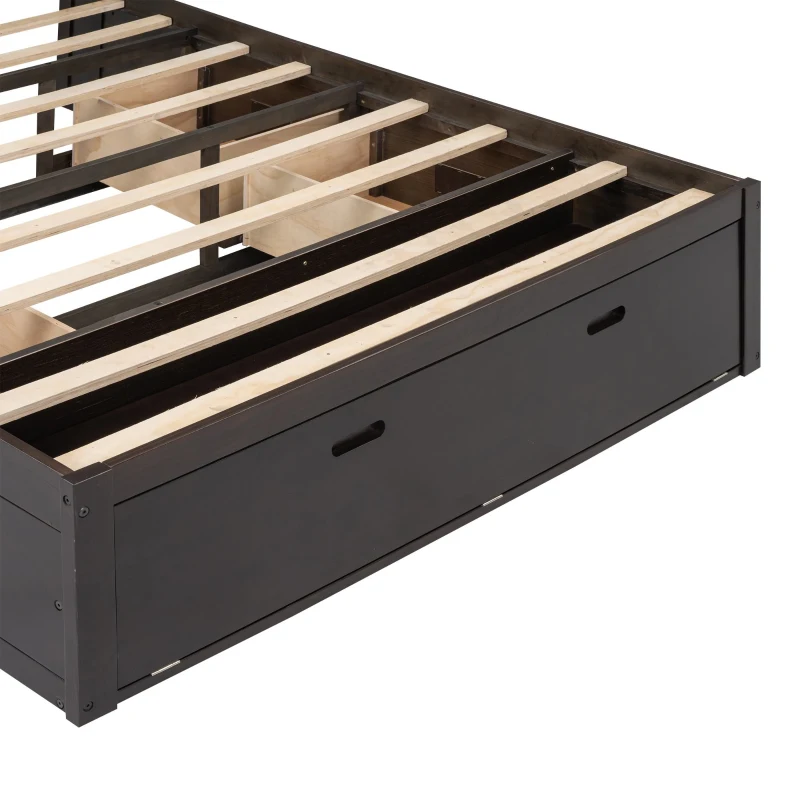 Wood Queen Size Platform Bed with Storage Headboard, Shoe Rack, and 4 Drawers, 90.5" L x 63" W x 43" H, Espresso
