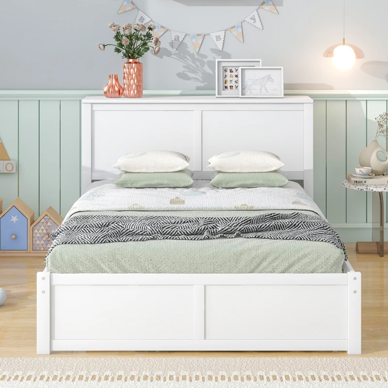 Full Size Storage Platform Bed with Pull Out Shelves, Twin Size Trundle, Solid Wood and MDF, 98" L x 89" W x 39.5" H, White