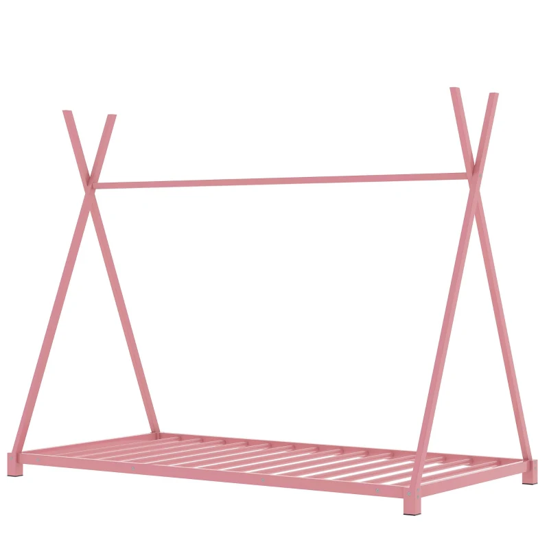 Metal Twin Size House Platform Bed with Triangle Structure, Sturdy Frame, and Safety Railings, 78" L x 41" W x 63" H, Pink