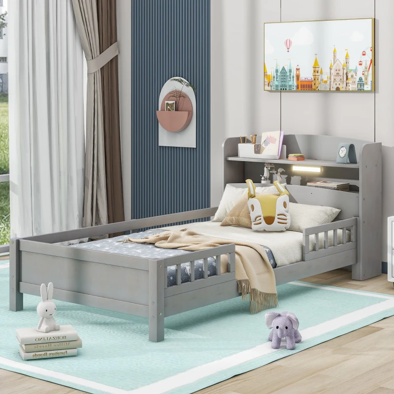 Wood Twin Size Platform Bed with Built-in LED Light, Storage Headboard, Guardrail, and Sturdy Construction, 87" L x 43" W x 31" H, Antique Gray
