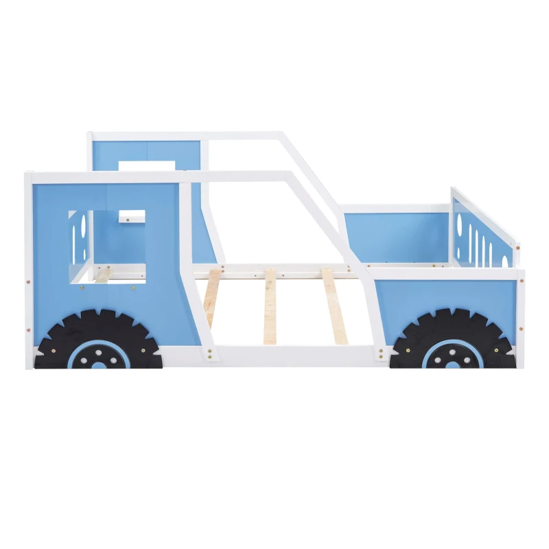 Full Size Classic Car-Shaped Platform Bed with Wheels, Pine Wood Frame, Easy Assembly, 77.5" L x 57" W x 32" H, Blue