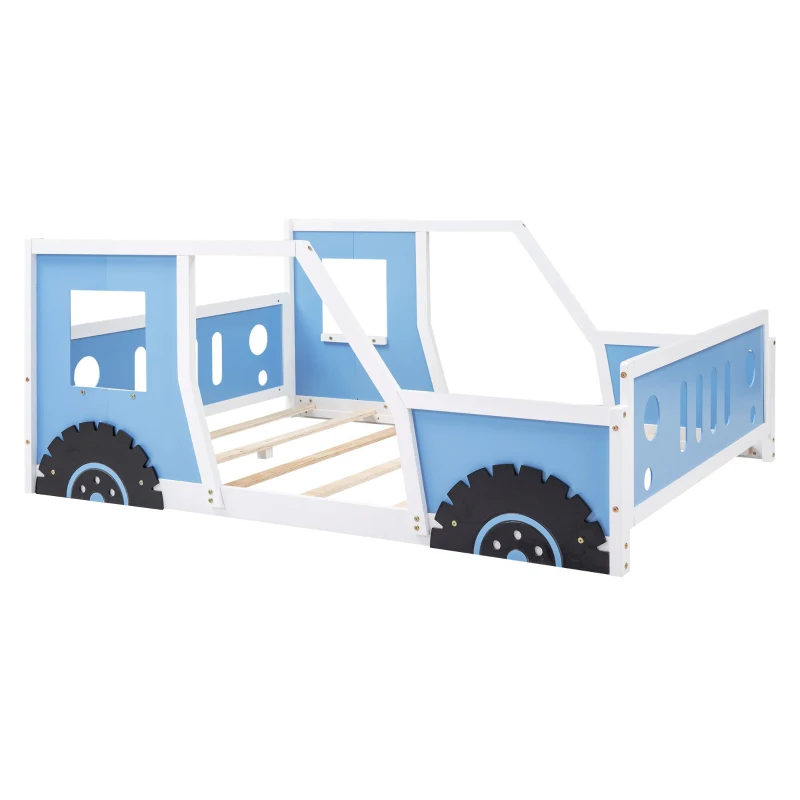 Full Size Classic Car-Shaped Platform Bed with Wheels, Pine Wood Frame, Easy Assembly, 77.5" L x 57" W x 32" H, Blue