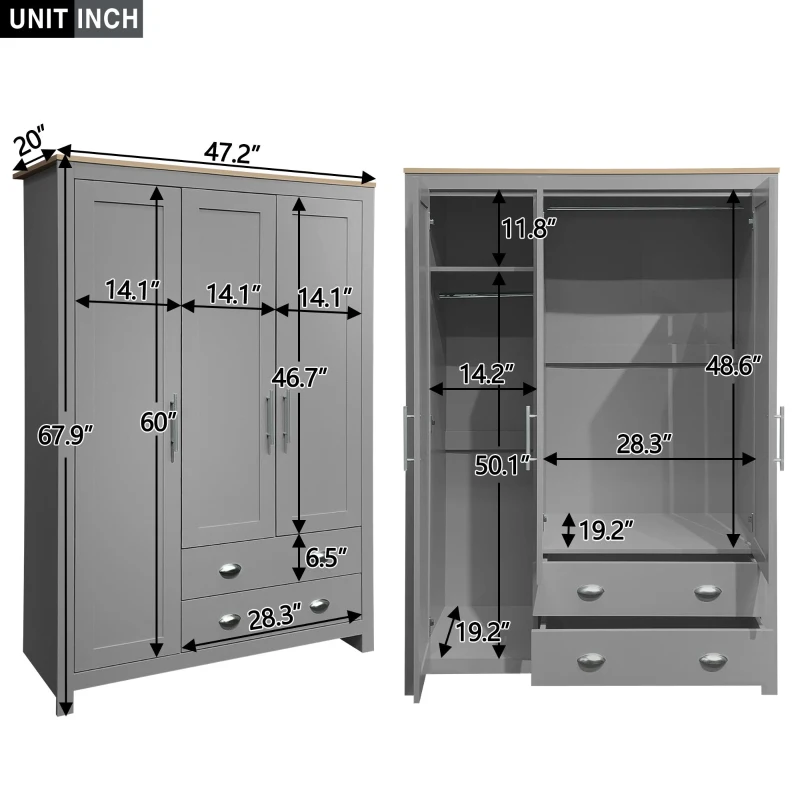 3 Door Storage Wardrobe with Cabinets, 2 Hanging Rods, and Drawers, 47" L x 20" W x 68" H, Gray