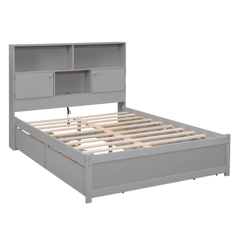 Vinsetto Full Size Platform Bed with Storage Headboard, Charging Station, 4 Drawers, Solid Wood and MDF, 85" L x 55" W x 48" H, Gray
