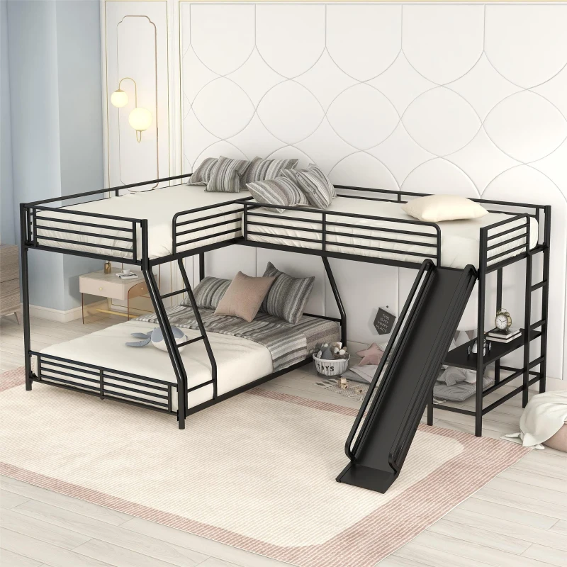 L-Shaped Twin over Full Bunk Bed with Twin Loft, Built-in Desk, Slide, Metal Frame, 117.5" L x 77.5" W x 53" H, Black