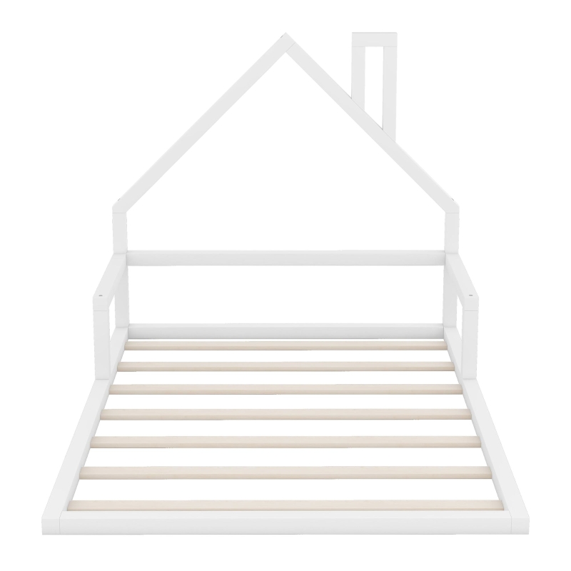 Full Size Wood Floor Bed with House-Shaped Headboard, Sturdy Pine Wood Construction, Easy Assembly, 78" L x 56.5" W x 46.5" H, White