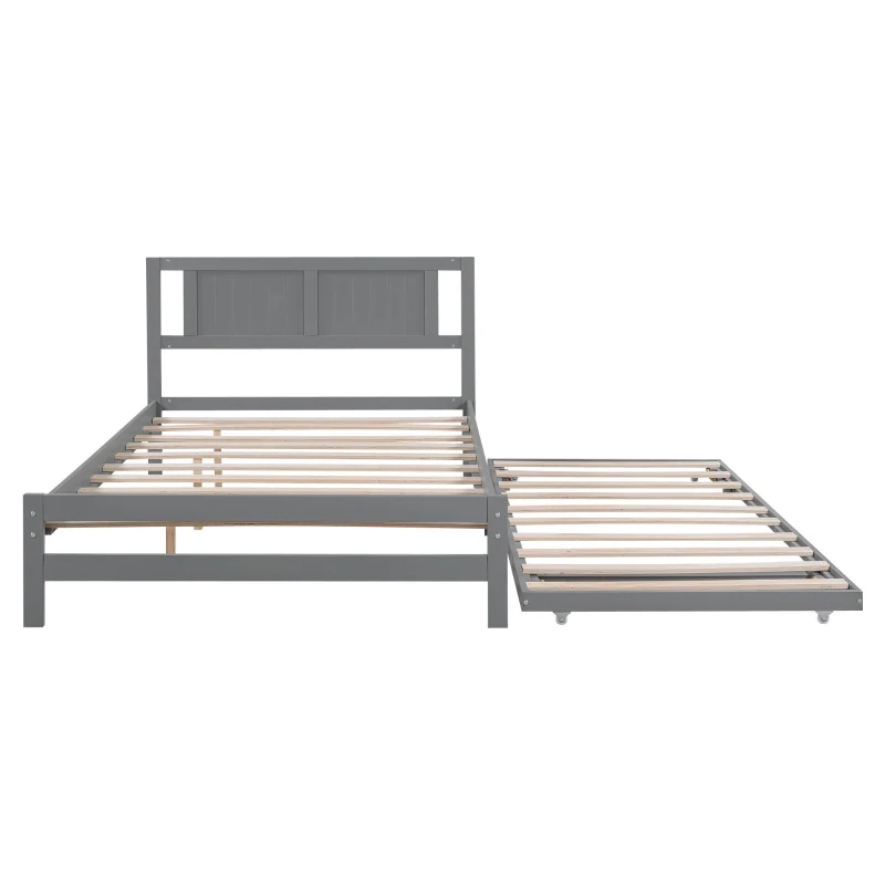 Full Size Platform Bed with Adjustable Trundle, Solid Pine Wood and MDF, 78" L x 97.5" W x 39.5" H, Gray
