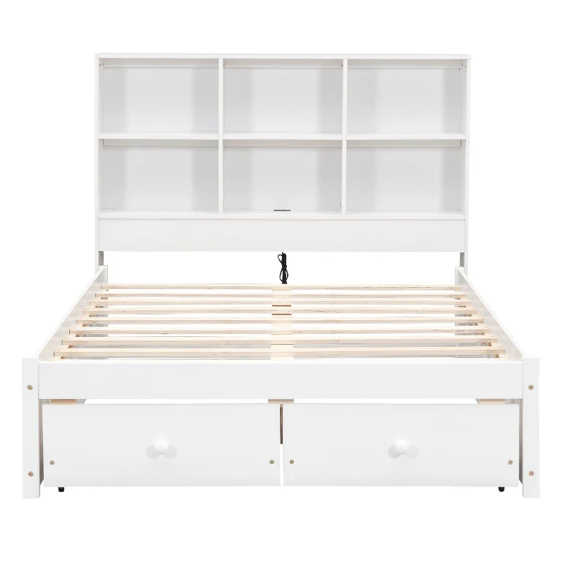 Full Size Platform Bed with Storage Headboard, Charging Station, and 2 Drawers, Solid Wood and MDF, 85" L x 55" W x 48" H, White