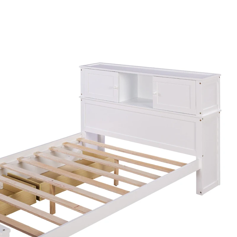 Vinsetto Full Size Platform Bed with Storage Headboard, Sliding Door, and 2 Drawers, Solid Wood and MDF, 89" L x 58" W x 42" H, White