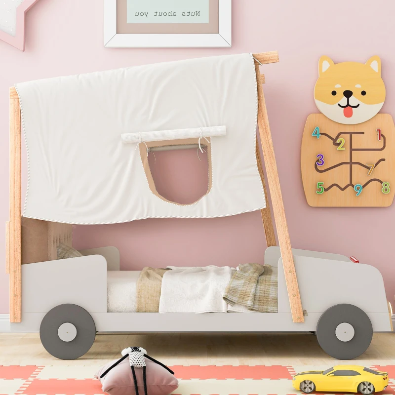 Wood Twin Size Car Bed with Pillow, Ceiling Cloth, LED Lights, and Magazine Holder, 79" L x 42.5" W x 62" H, Natural