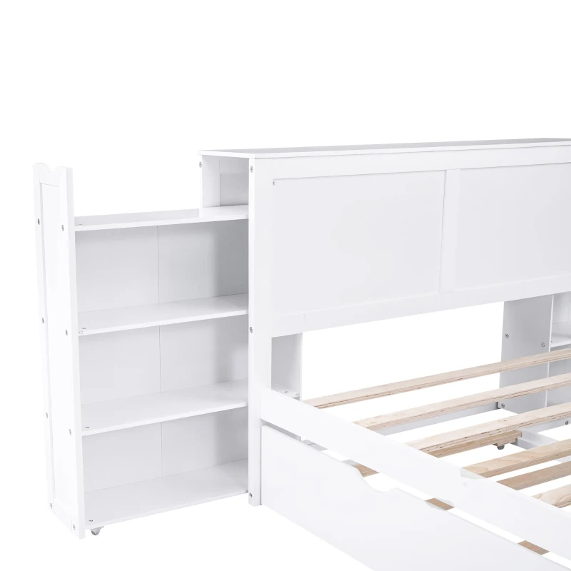 Full Size Storage Platform Bed with Pull Out Shelves, Twin Size Trundle, Solid Wood and MDF, 98" L x 89" W x 39.5" H, White