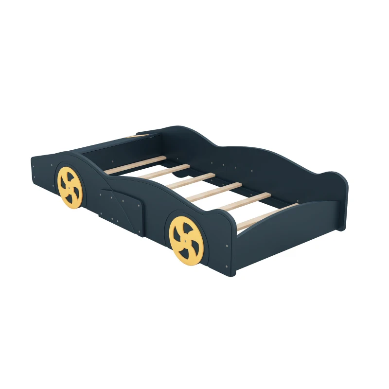 Twin Size Race Car-Shaped Platform Bed with Wheels and Storage, Solid Wood and MDF, 90.5" L x 40" W x 15.5" H, Dark Blue
