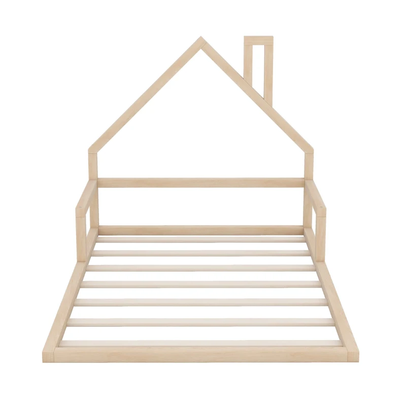 Full Size Wood Floor Bed with House-Shaped Headboard, Sturdy Pine Wood Construction, Easy Assembly, 78" L x 56.5" W x 46.5" H, Natural