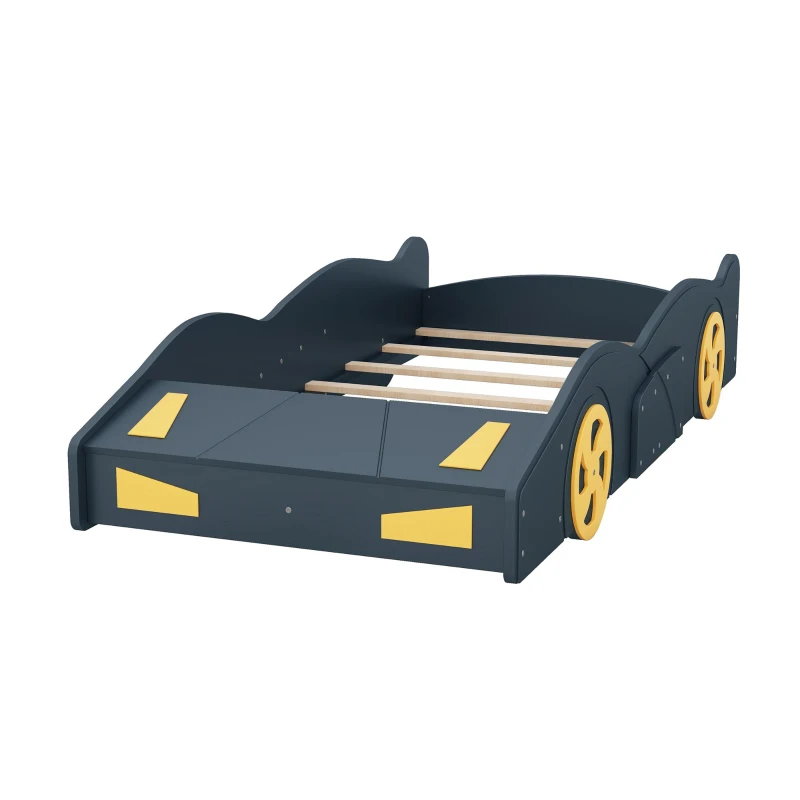 Twin Size Race Car-Shaped Platform Bed with Wheels and Storage, Solid Wood and MDF, 90.5" L x 40" W x 15.5" H, Dark Blue