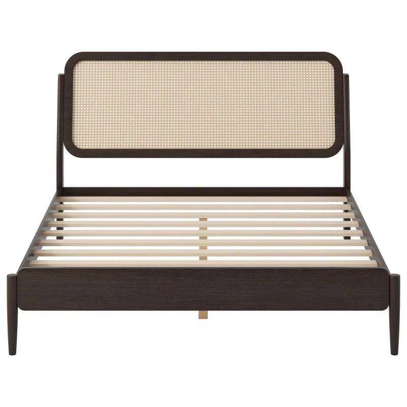 Vinsetto Queen Size Wood Storage Platform Bed with LED Light, Rattan Headboard, No Box Spring Needed, 84.5" L x 63" W x 39.5" H, Antique Espresso