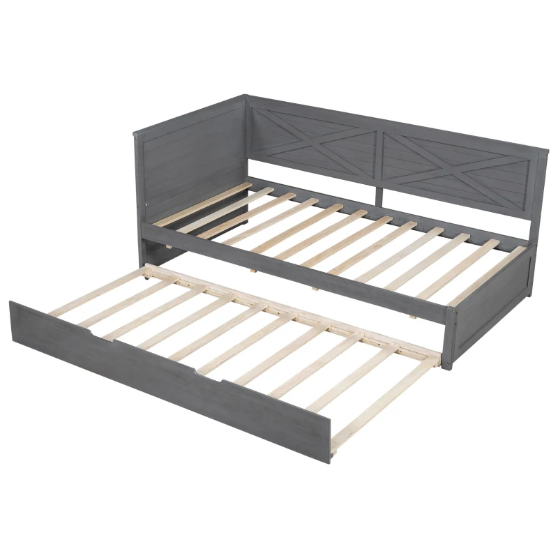 Vinsetto Twin Size Wood Daybed with Trundle, Rustic Guardrail, Solid Wood Construction, 77.5" L x 42" W x 33.5" H, Grey
