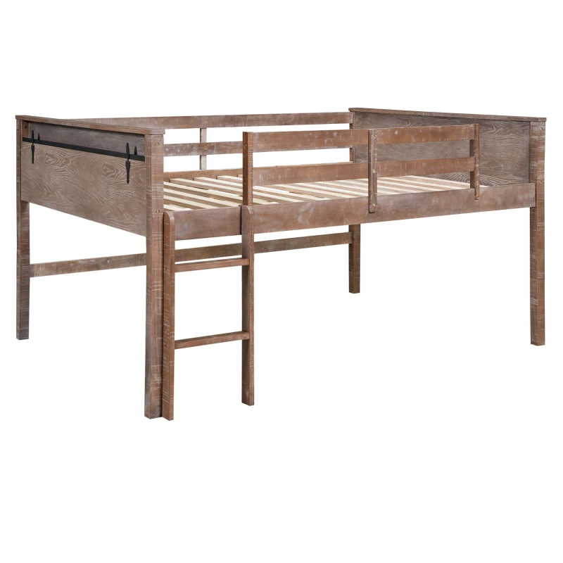 Wood Twin Size Loft Bed with Hanging Clothes Racks, Guardrails, and Playful Space, Solid Pine Construction, 79" L x 42" W x 42.5" H, Natural