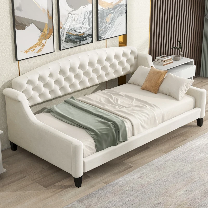 Modern Luxury Tufted Button Twin Size Upholstered Daybed with Foam Fill, Wood Supports, 80.5" L x 45.5" W x 34" H, Beige