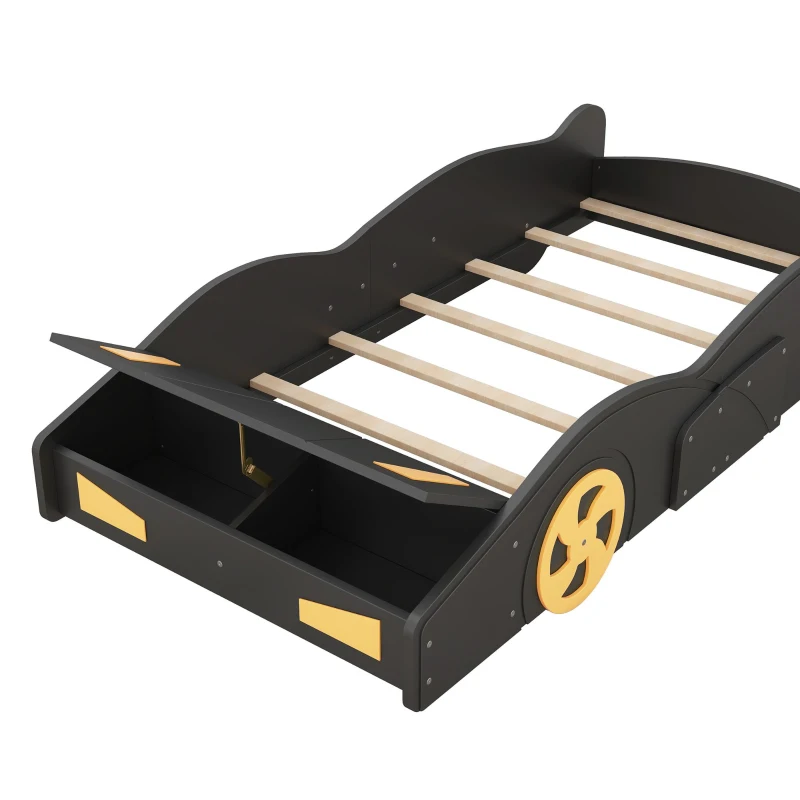 Twin Size Race Car-Shaped Platform Bed with Wheels and Storage, Solid Wood and MDF, 90.5" L x 40" W x 15.5" H, Black