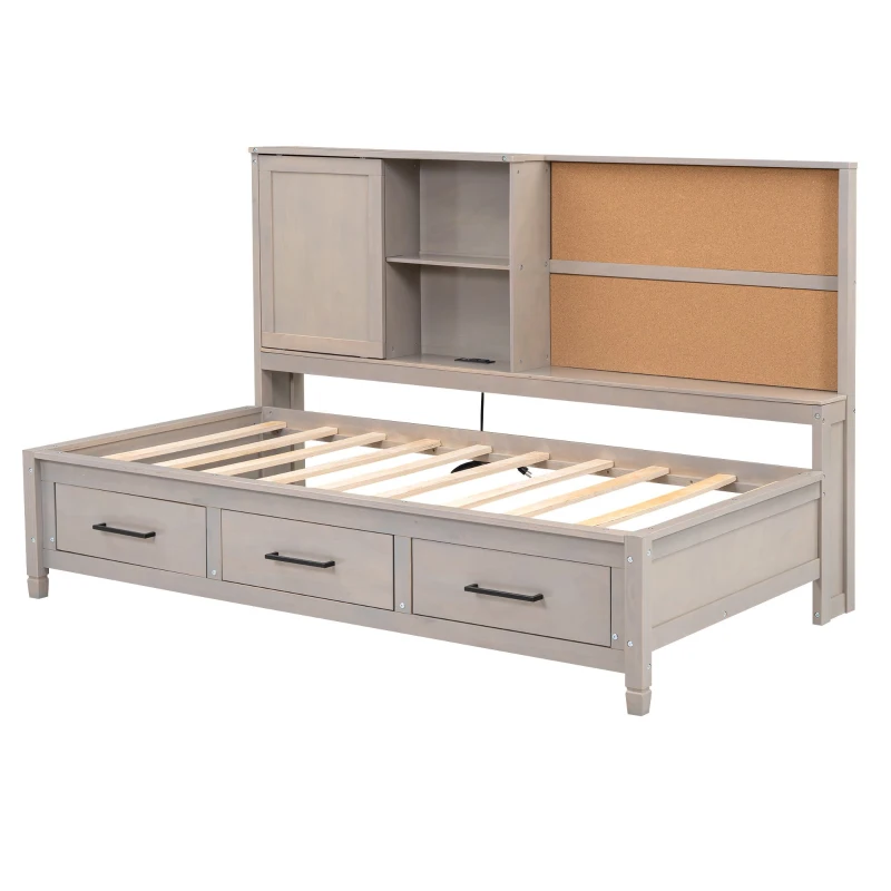 Twin Size Lounge Daybed with Storage Shelves, Cork Board, USB Ports, and 3 Drawers, 78.5" L x 50" W x 51" H, Antique Gray