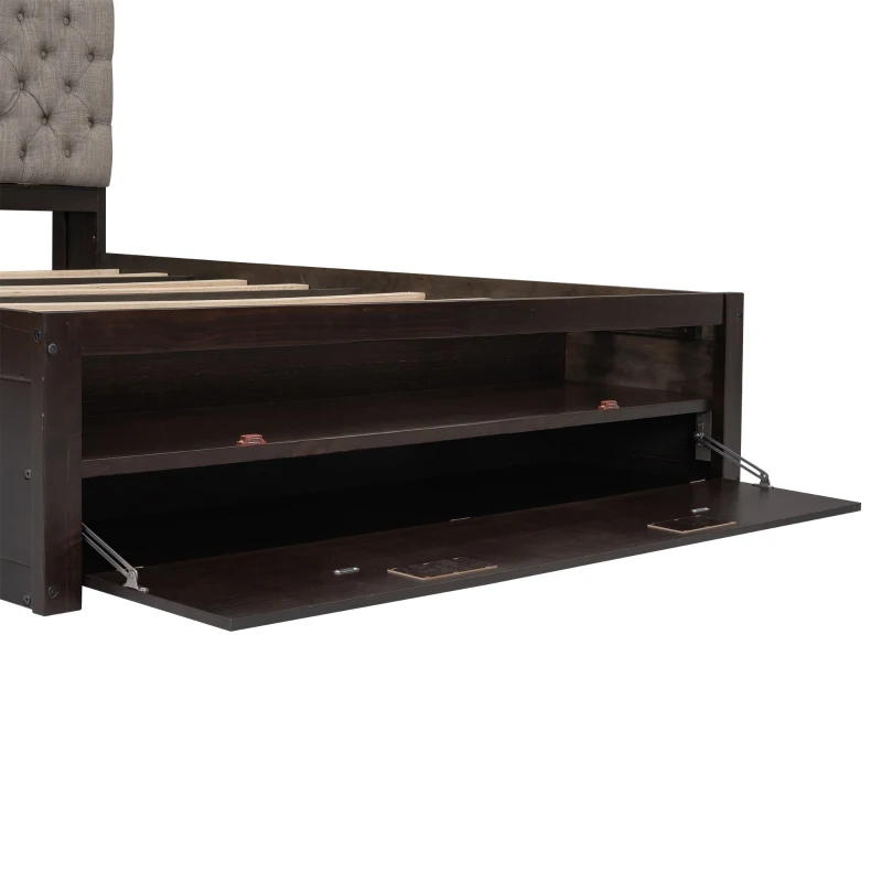 Wood Queen Size Platform Bed with Storage Headboard, Shoe Rack, and 4 Drawers, 90.5" L x 63" W x 43" H, Espresso