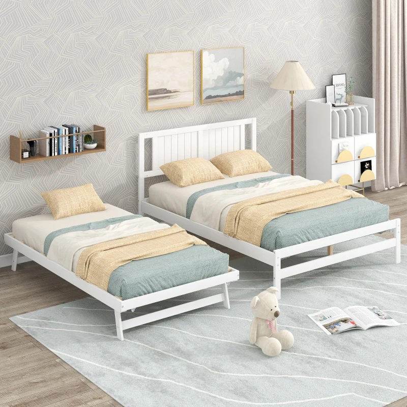 Full Size Platform Bed with Adjustable Trundle, Solid Pine Wood and MDF, 78" L x 97.5" W x 39.5" H, White
