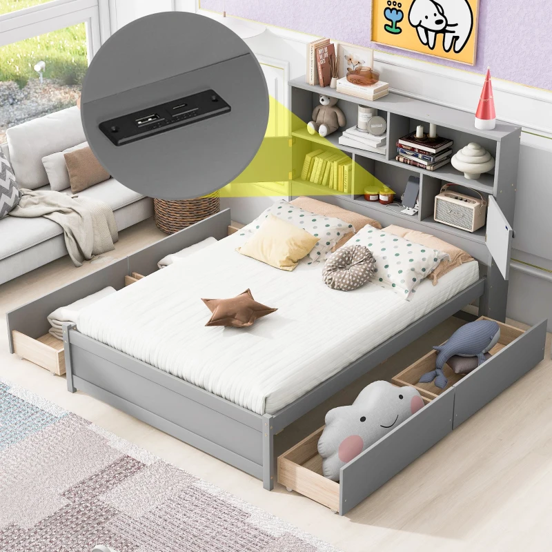 Vinsetto Full Size Platform Bed with Storage Headboard, Charging Station, 4 Drawers, Solid Wood and MDF, 85" L x 55" W x 48" H, Gray