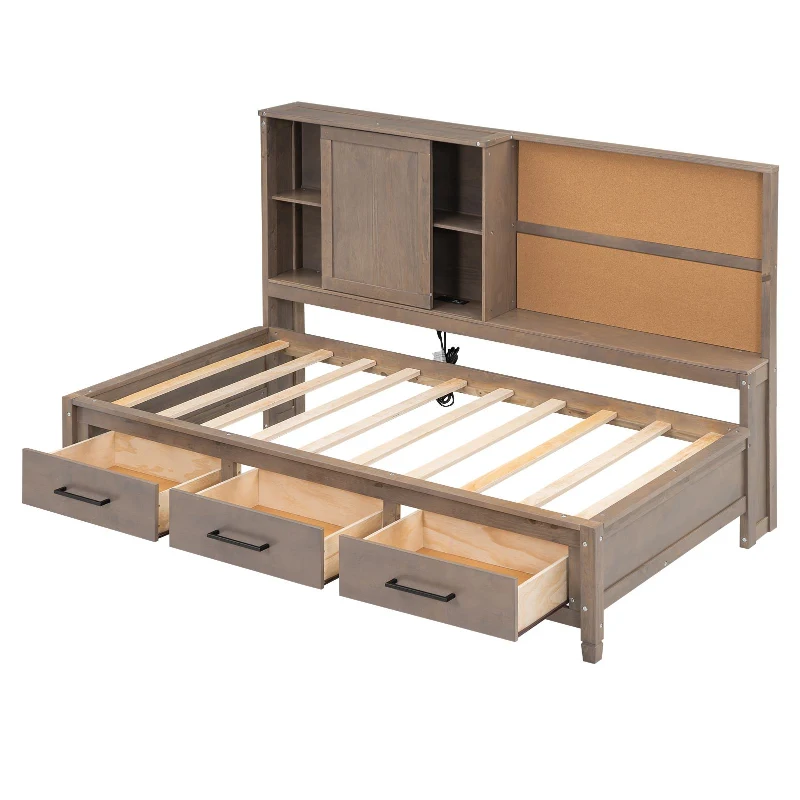 Twin Size Lounge Daybed with Storage Shelves, Cork Board, USB Ports, and 3 Drawers, Solid Wood and MDF, 78.5" L x 50" W x 51" H, Wood