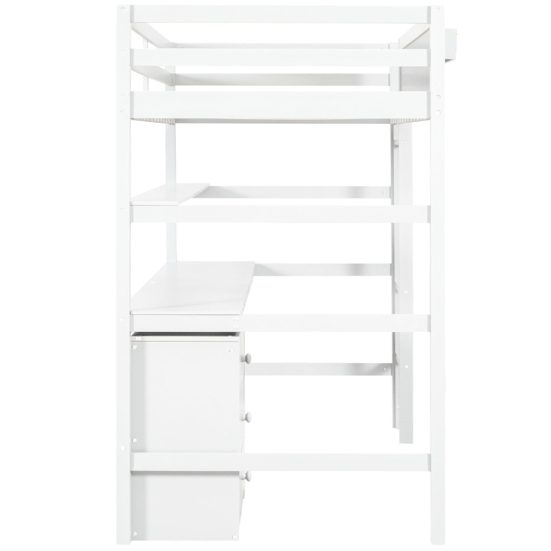Wood Twin Size Loft Bed with Desk, Blackboard, Storage Box, Shelf, and 3 Drawers, 79" L x 42" W x 69.5" H, White