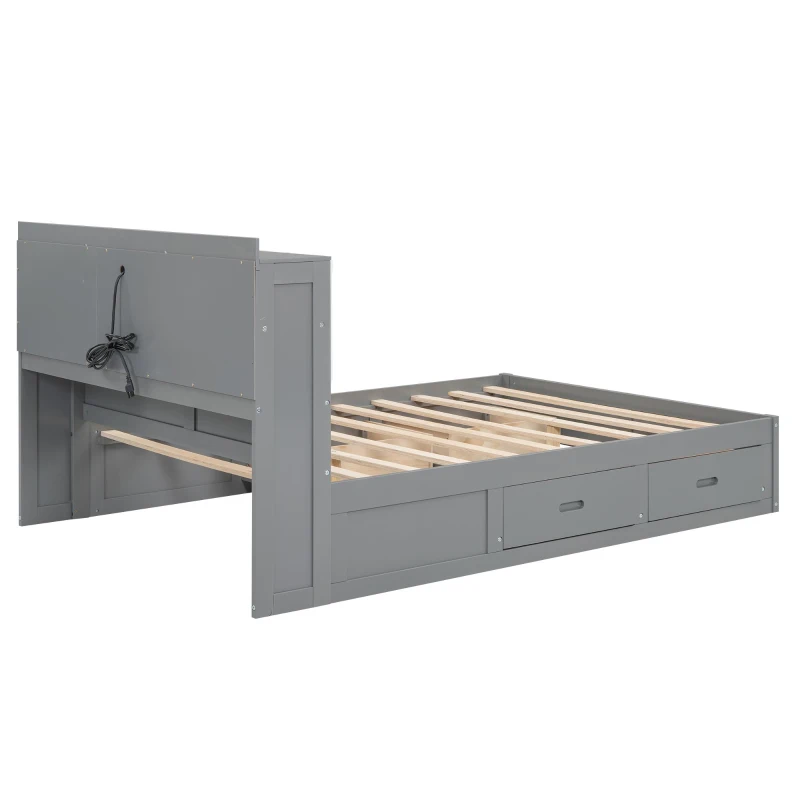 Vinsetto Wood Full Size Platform Bed with Storage Headboard, 4 Drawers, USB Charging Interface, 87" L x 56.5" W x 39.5" H, Gray