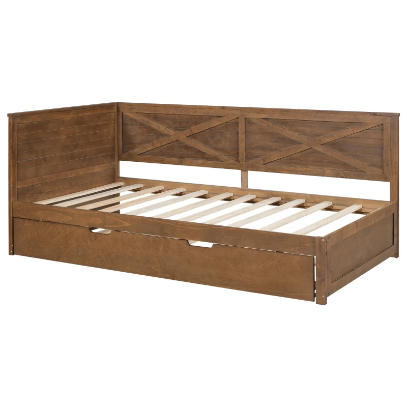 Vinsetto Twin Size Wood Daybed with Trundle, Rustic Guardrail, Solid Wood Construction, 77.5" L x 42" W x 33.5" H, Brown