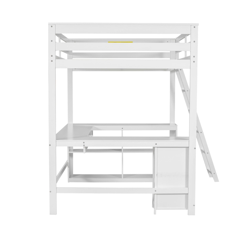 Full Size Loft Bed with U-shaped Desk, Drawers, Storage Shelves, and Sturdy Wood Frame, 77.5" L x 70" W x 75.5" H, White