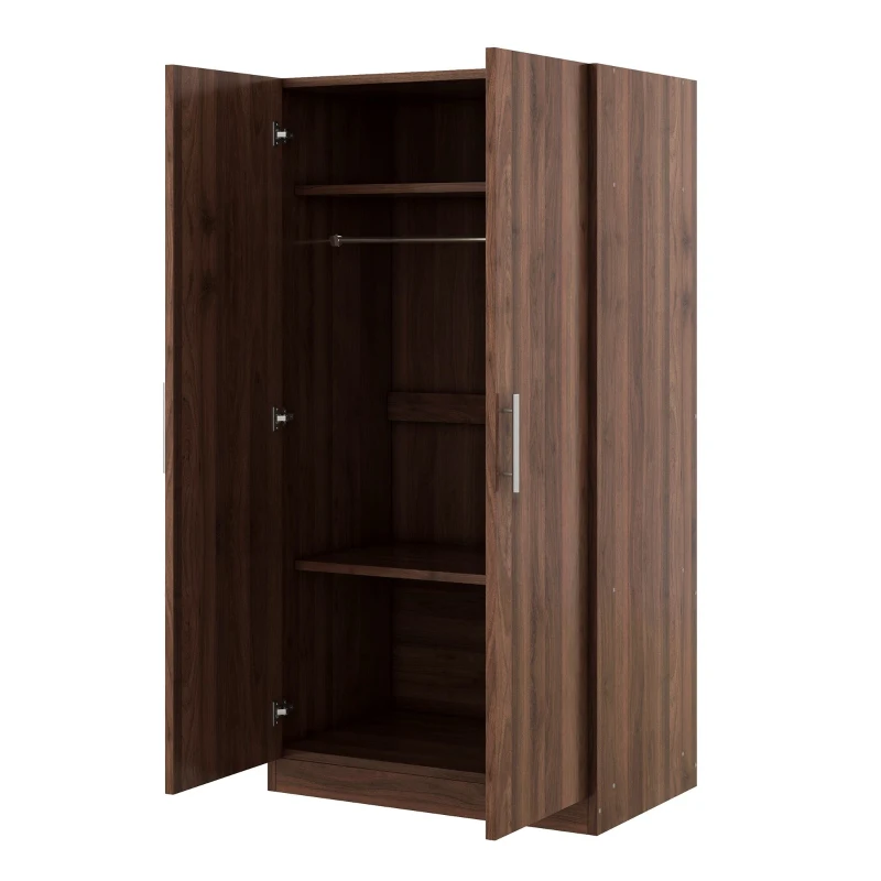 2-Door Wooden Wardrobe Armoire with 3 Storage Shelves, Solid Wood and MDF, 31.5" L x 20" W x 67" H, Brown