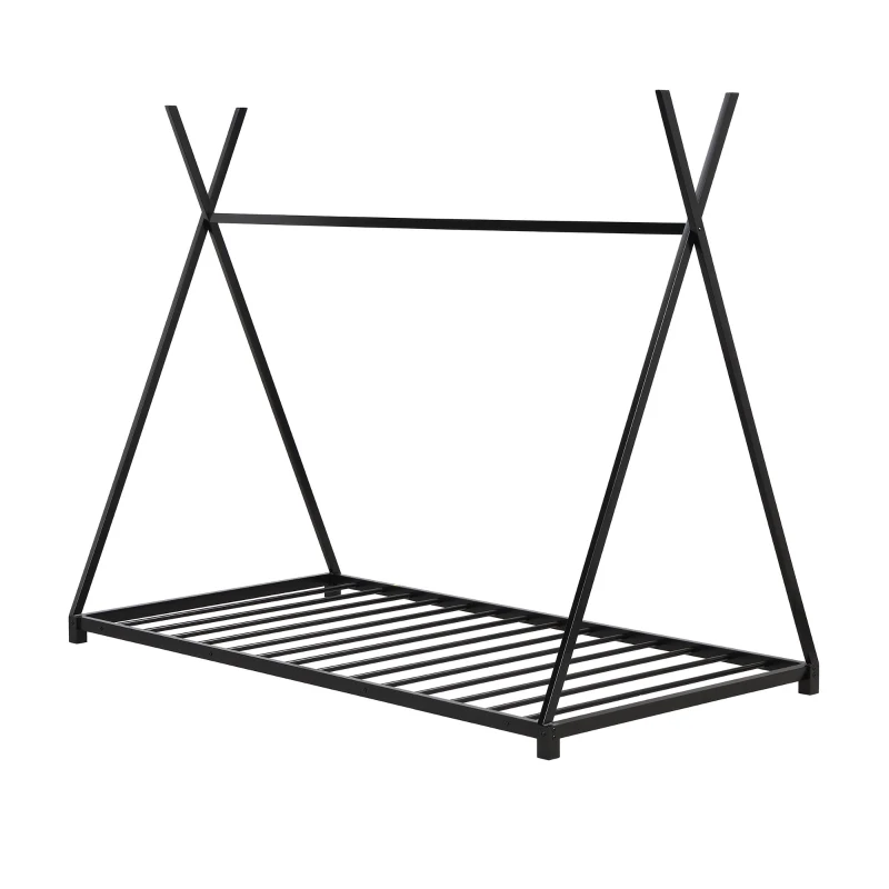 Metal Twin Size House Platform Bed with Triangle Structure, Sturdy Frame, and Safety Railings, 78" L x 41" W x 63" H, Black