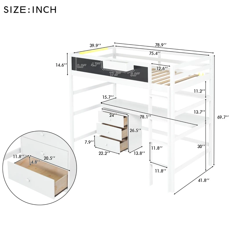 Wood Twin Size Loft Bed with Desk, Blackboard, Storage Box, Shelf, and 3 Drawers, 79" L x 42" W x 69.5" H, White