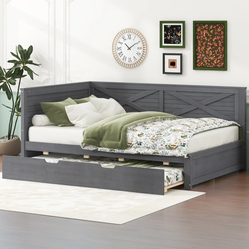 Vinsetto Twin Size Wood Daybed with Trundle, Rustic Guardrail, Solid Wood Construction, 77.5" L x 42" W x 33.5" H, Grey