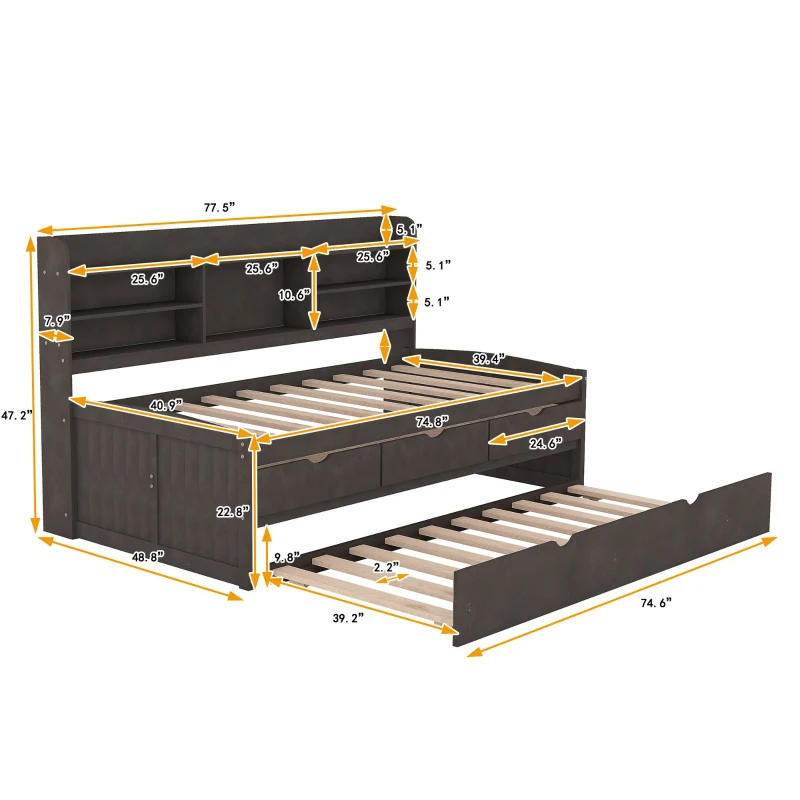 Classic Style Twin Size Wooden Captain Bed with Built-in Bookshelves, 3 Storage Drawers, and Trundle, 77.5" L x 88" W x 47" H, Antique Gray