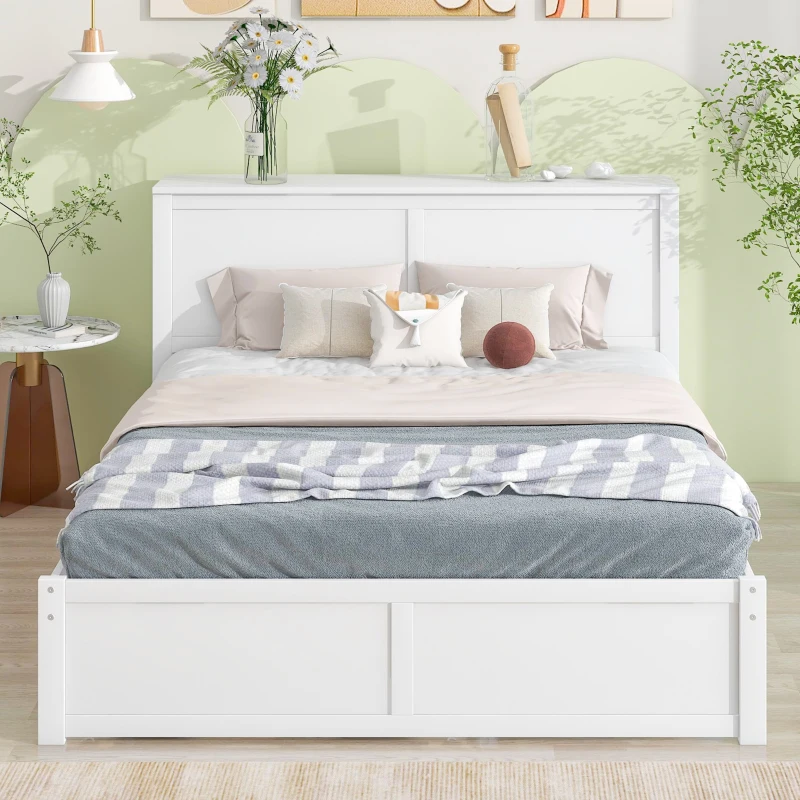 Queen Size Storage Platform Bed with Pull Out Shelves and Twin XL Trundle, Solid Wood and MDF, 111.5" L x 93.5" W x 39.5" H, White