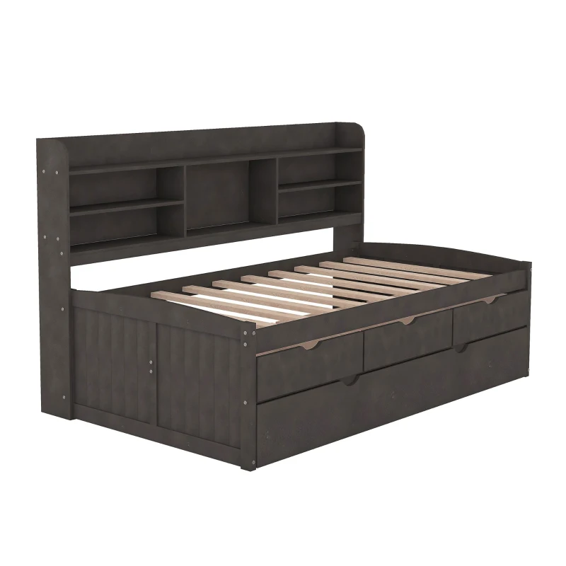 Classic Style Twin Size Wooden Captain Bed with Built-in Bookshelves, 3 Storage Drawers, and Trundle, 77.5" L x 88" W x 47" H, Antique Gray
