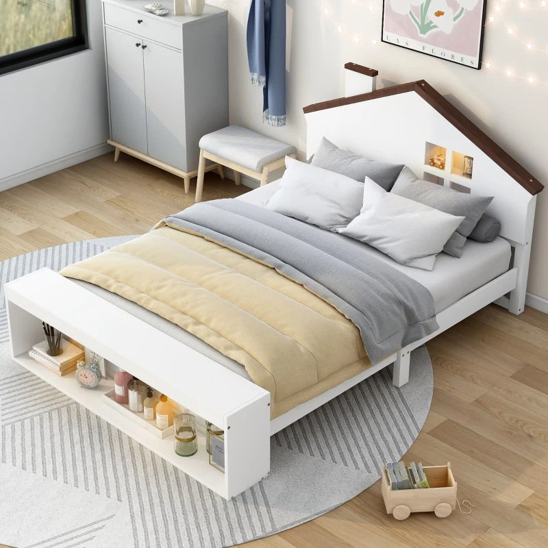 Full Size House Platform Bed with LED Lights, Multi-Storage, and Sturdy Pine Wood Construction, 87.5" L x 58.5" W x 39.5" H, White