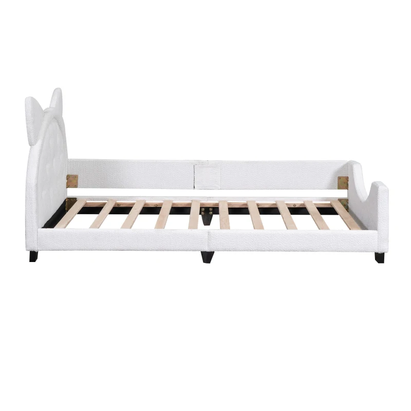Teddy Fleece Twin Size Upholstered Daybed with Carton Ears Shaped Headboard, Sturdy Frame, Easy to Assemble, 80" L x 41" W x 37" H, White