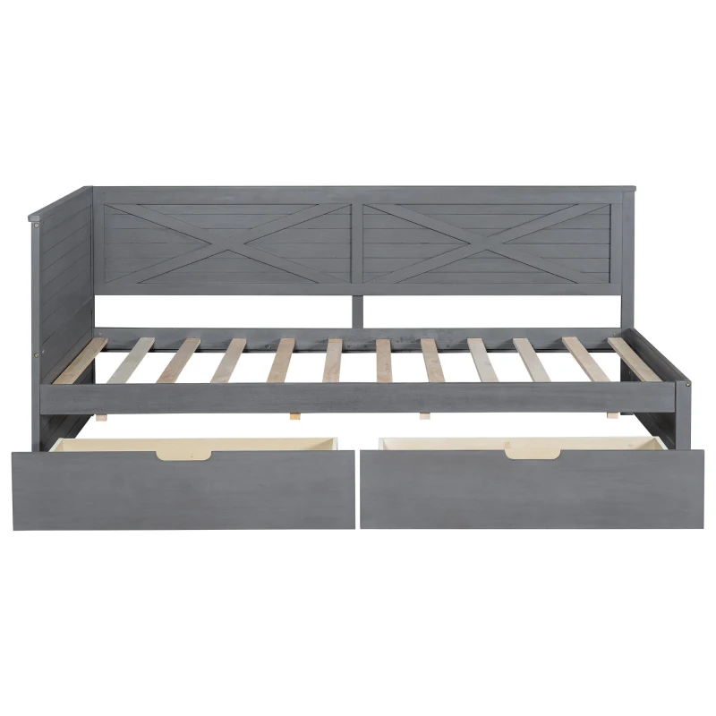 Vinsetto Twin Size Wood Daybed with 2 Drawers, Rustic Guardrail, Solid Pine Wood and MDF, 77.5" L x 42" W x 33.5" H, Grey
