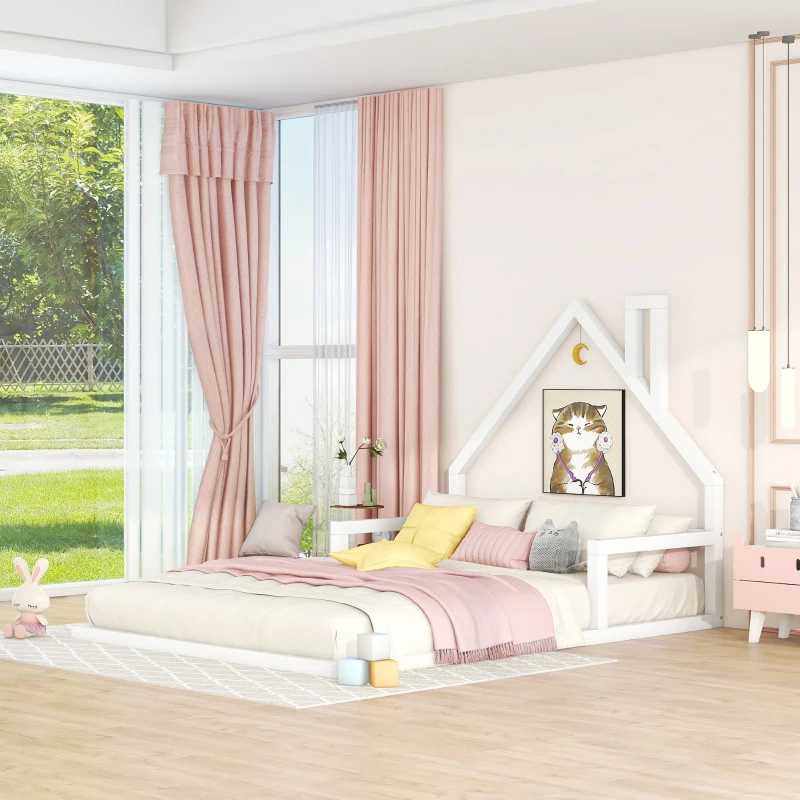 Full Size Wood Floor Bed with House-Shaped Headboard, Sturdy Pine Wood Construction, Easy Assembly, 78" L x 56.5" W x 46.5" H, White