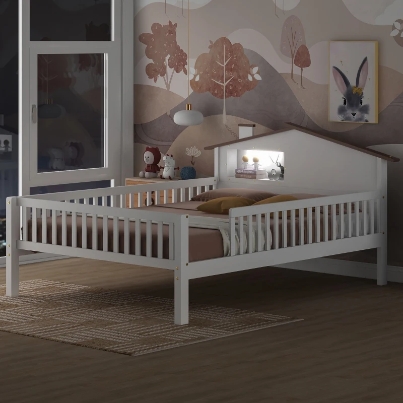 Full Size Wood Platform Bed with House-Shaped Headboard, LED Light, Built-in Storage, 82" L x 56" W x 36" H, White